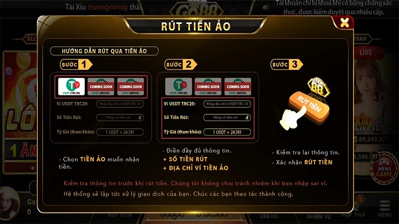 Hướng dẫn rút tiền Go 88 qua tiền ảo